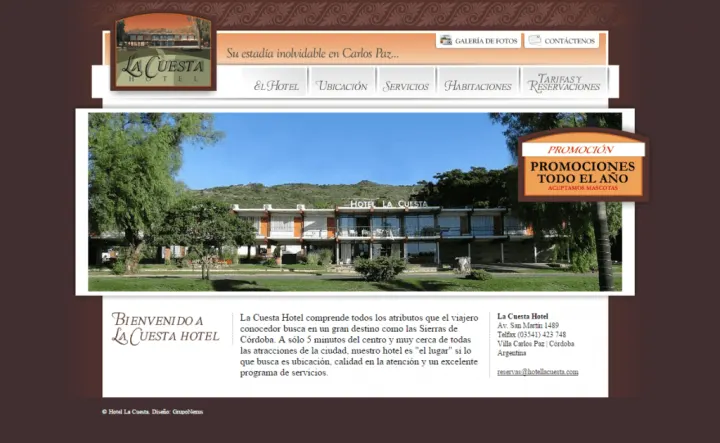 Captura del sitio web de Hotel La Cuesta (2009), desarrollado por GrupoNexus