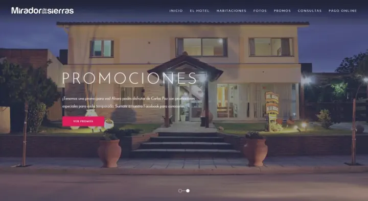 Captura del sitio web de Mirador de las Sierras Hotel, desarrollado por GrupoNexus