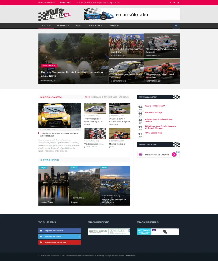 Captura del sitio web de Viajes y Carreras .COM, desarrollado por GrupoNexus
