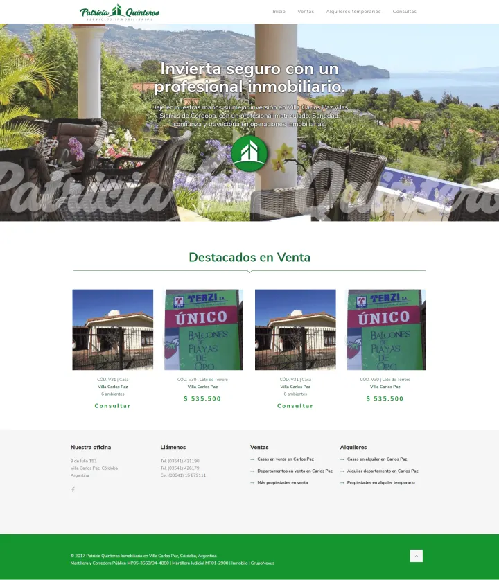 Captura del sitio web de Patricia Quinteros Inmobiliaria, desarrollado por GrupoNexus