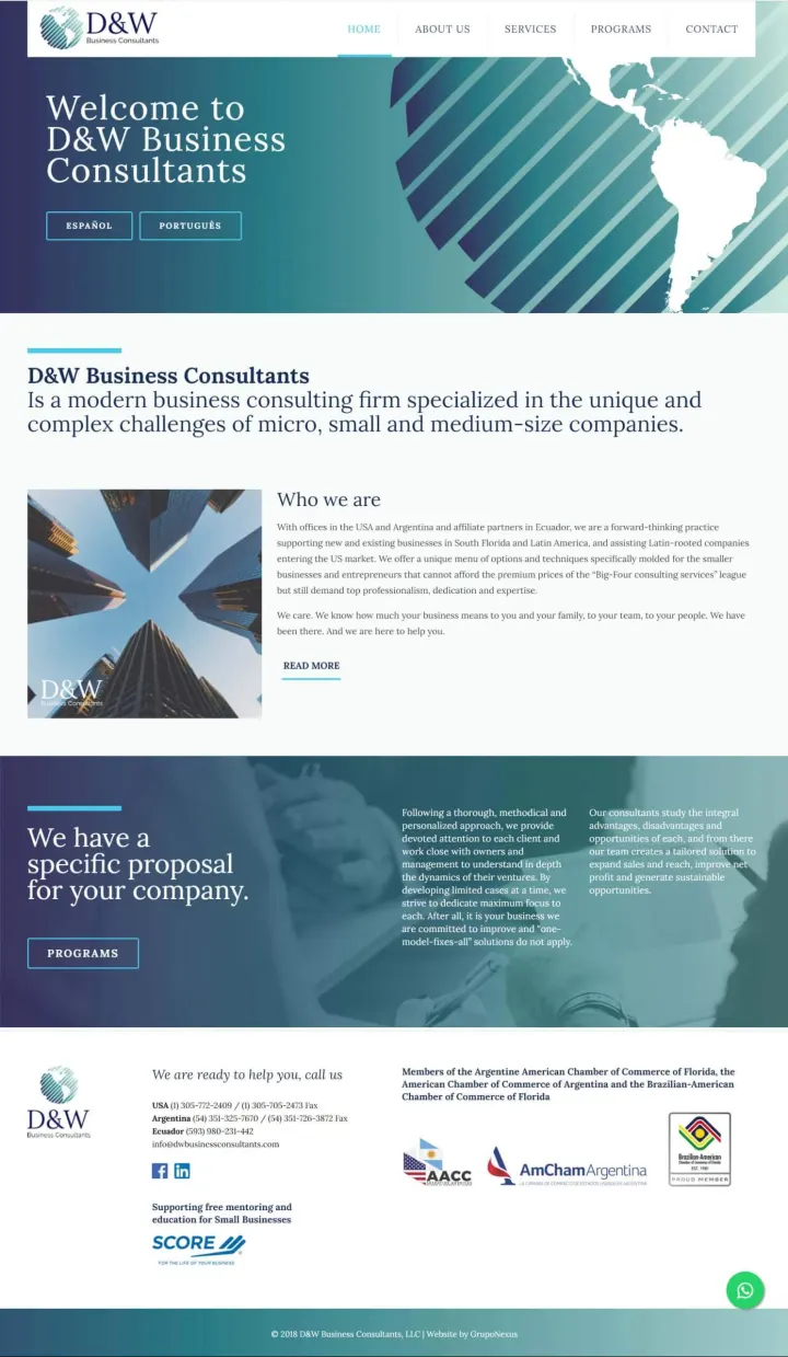 Captura del sitio web de DW Business Consultants (2020), desarrollado por GrupoNexus