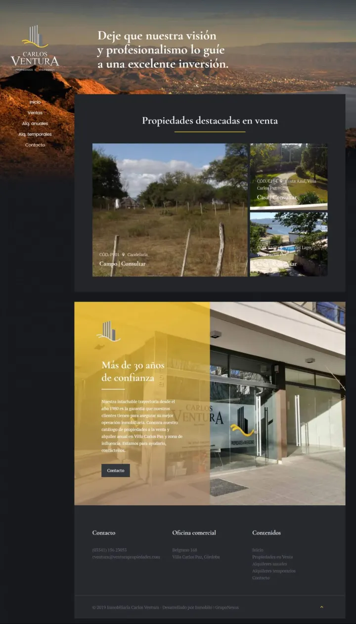 Captura del sitio web de Ventura Propiedades, desarrollado por GrupoNexus