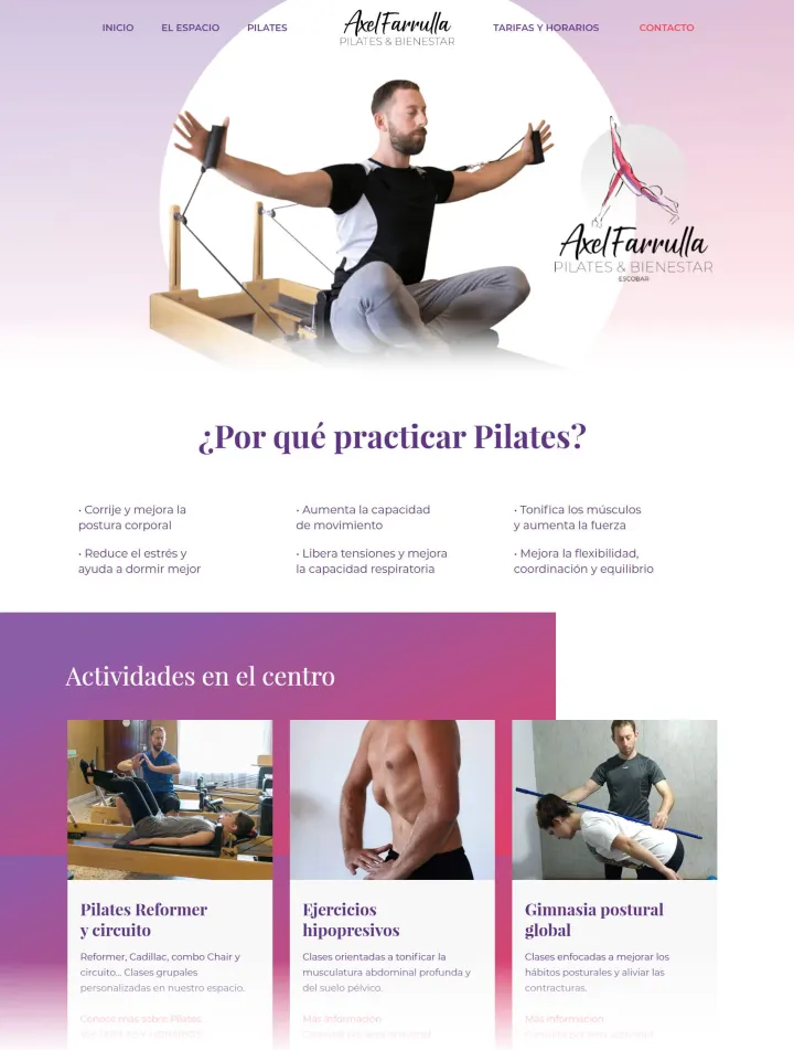 Captura del sitio web de Axel Farrulla Pilates, desarrollado por GrupoNexus