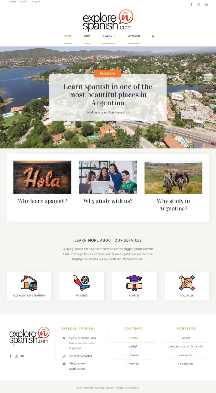 Captura del sitio web de Explore Spanish, desarrollado por GrupoNexus