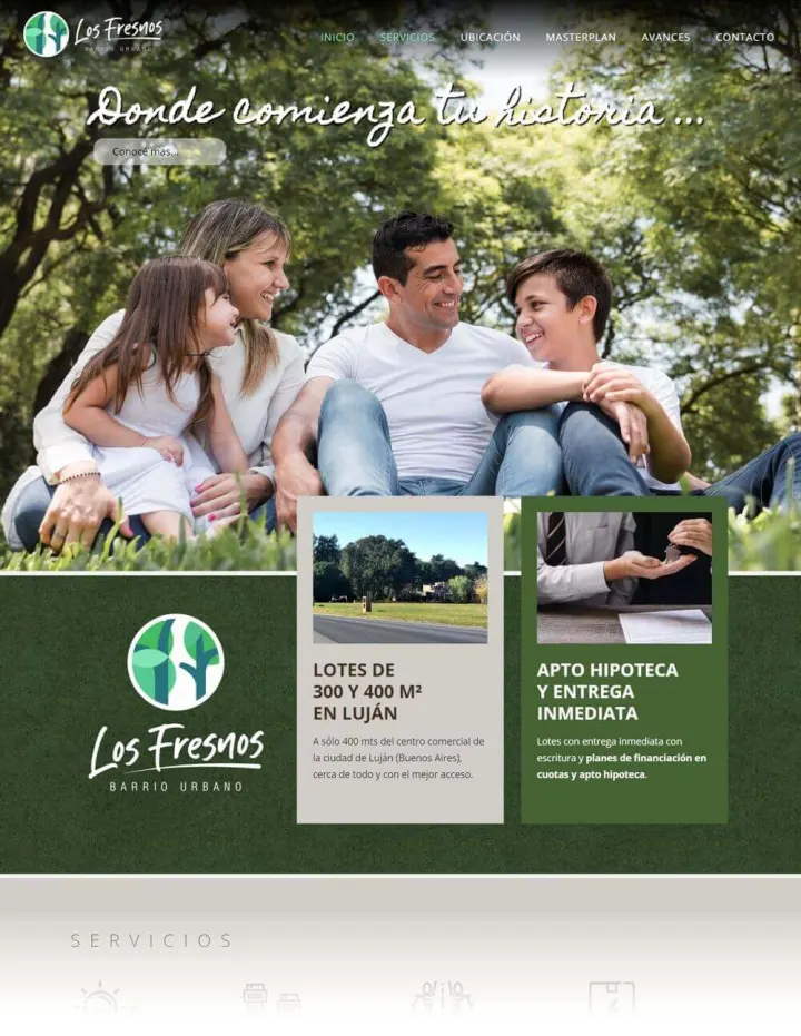 Captura del sitio web de Barrio Los Fresnos, desarrollado por GrupoNexus