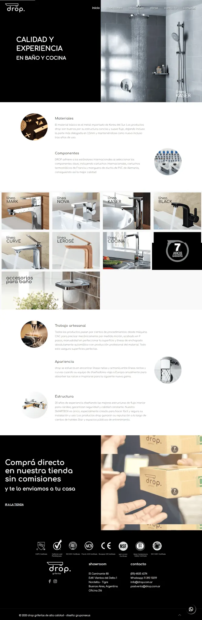 Captura del sitio web de Drop grifería (2020), desarrollado por GrupoNexus