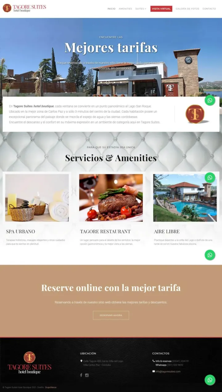 Captura del sitio web de Tagoré Suites, desarrollado por GrupoNexus
