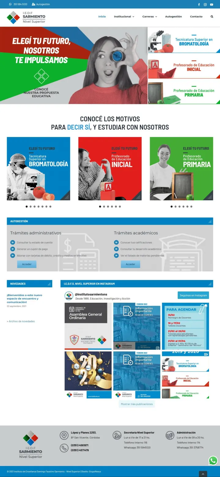 Captura del sitio web de IEDFS – Nivel Superior, desarrollado por GrupoNexus