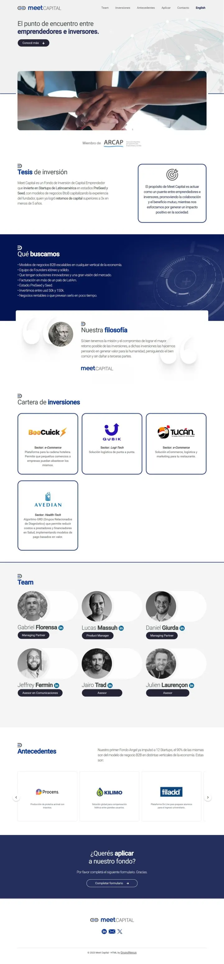 Captura del sitio web de Meet Capital (2023), desarrollado por GrupoNexus