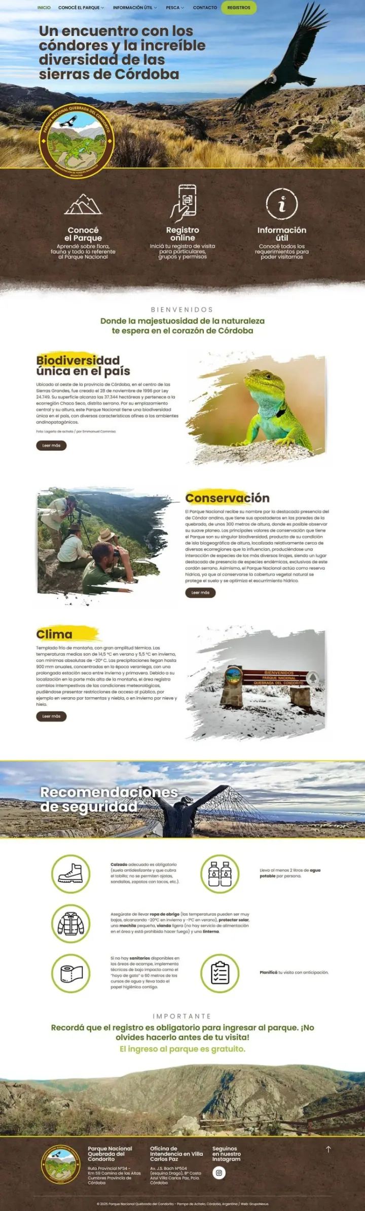 Captura del sitio web de Quebrada del Condorito, desarrollado por GrupoNexus