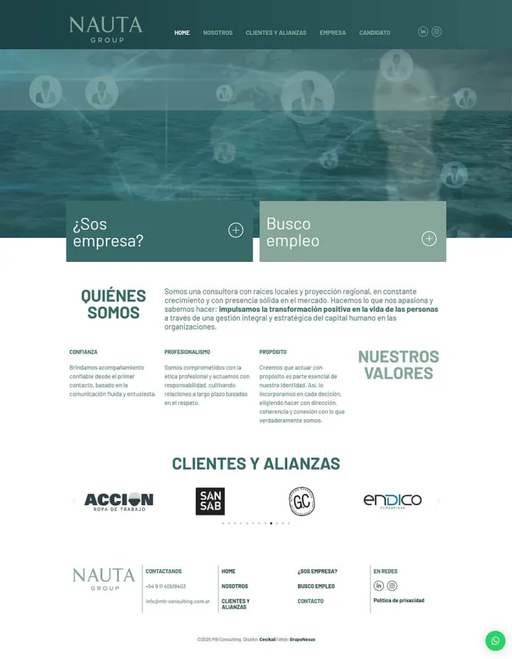 Captura del sitio web de Nauta Group, desarrollado por GrupoNexus