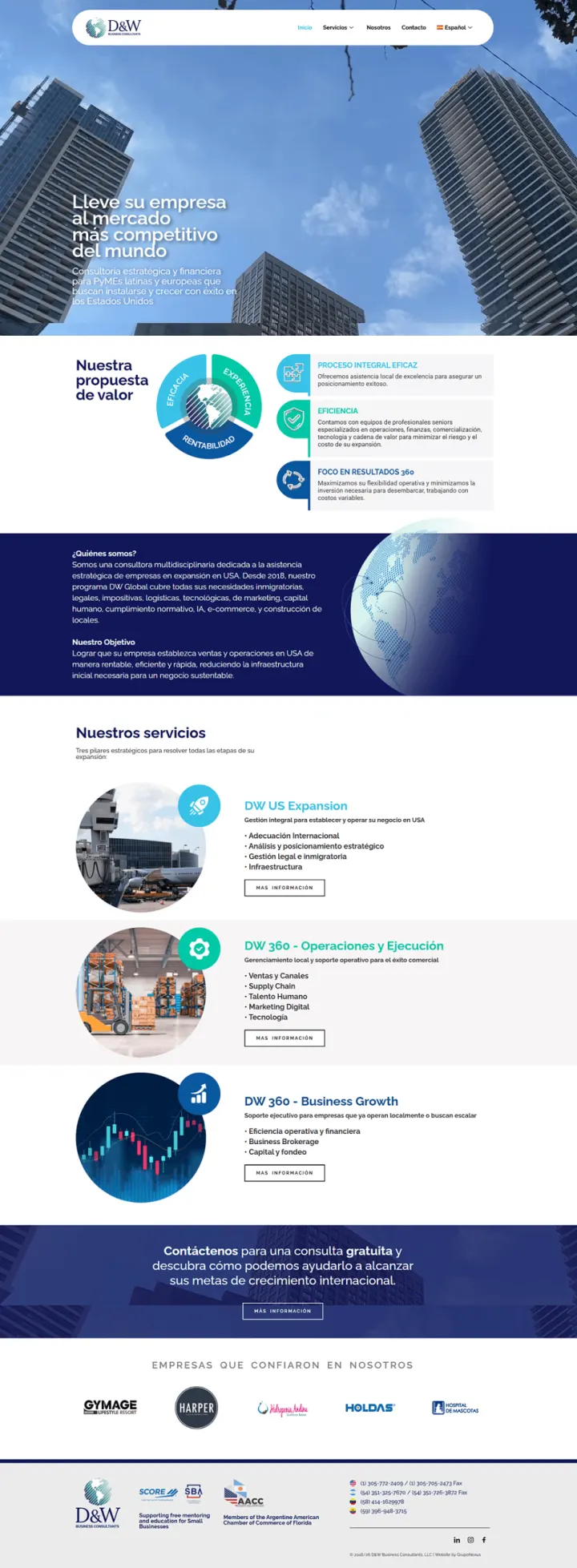 Captura del sitio web de DW Business Consultants (2026), desarrollado por GrupoNexus