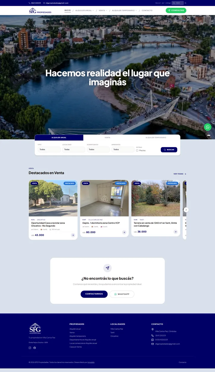 Captura del sitio web de SFG Propiedades, desarrollado por GrupoNexus